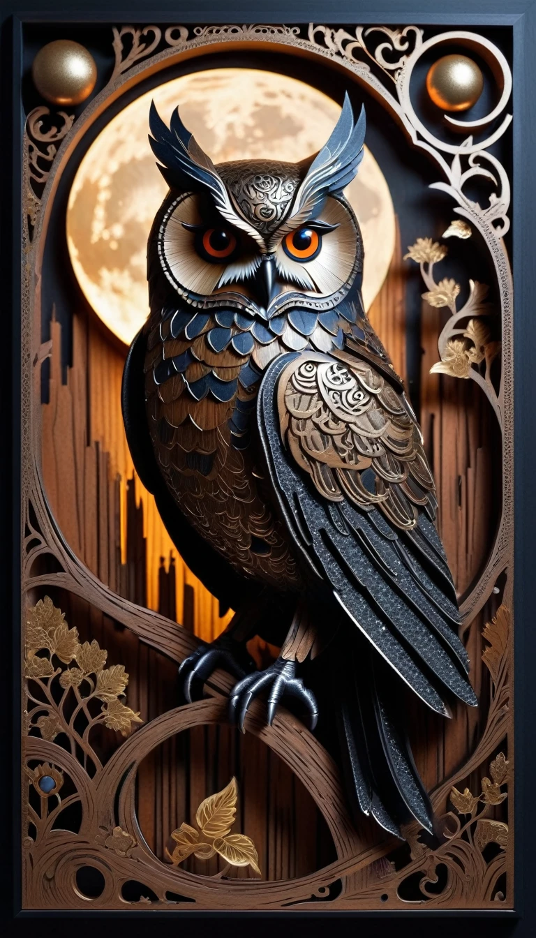 (((masterpiece))),Highest quality,Awareness-raising,Beautiful details sparkle, paper_cut, Hooters, wood,Moon,Gothic,Metallic texture,Retro Cyberpunk,Ultra-realistic