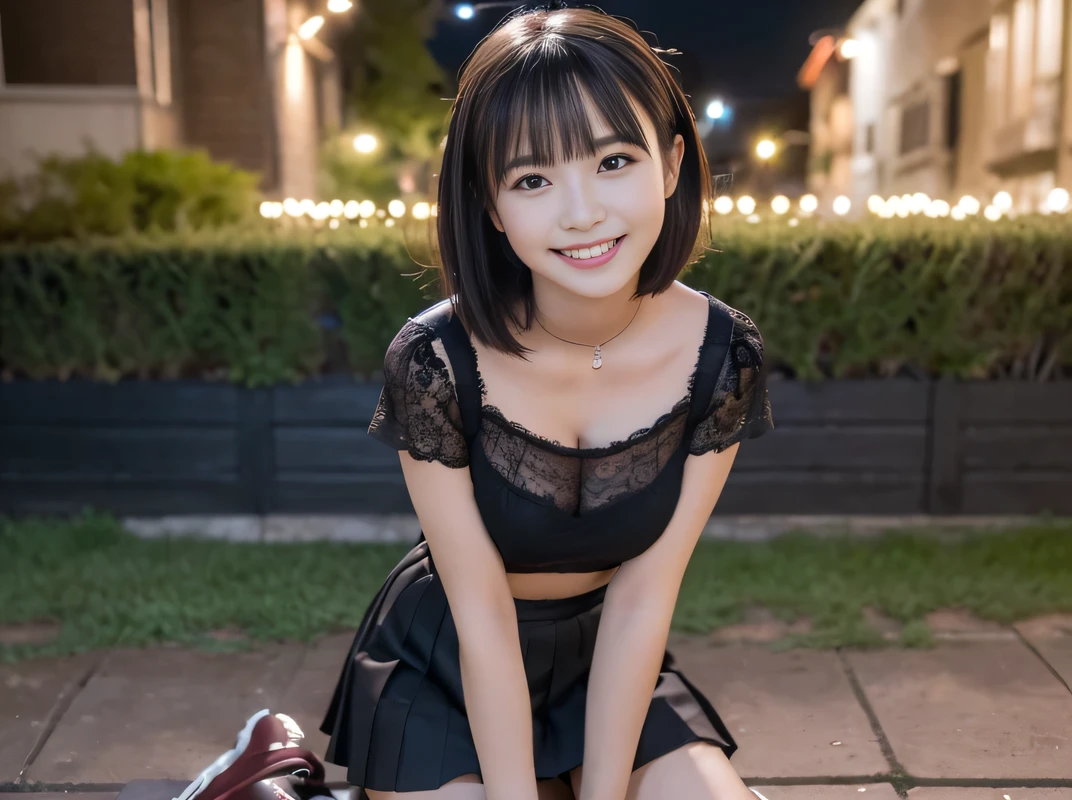 (Highest quality, masterpiece, Ultra-high resolution, 8K, RAW Photos, Realistic, Anatomically correct:1.5), high school girl、20-year-old girl:1.2, Embarrassing, avert your eyes, blush:1.0, View Viewer, ((Cyber Factory)) 、Night view、 Light:1.2, Bokeh, Cinema Lighting:1.0, Depth of written boundary, sharp、 Cute face、Idol、Black short sleeve lace top、Black pleated skirt、Black clothing、”dwarf”、Full Body Shot、Cowboy Shot、(( smile))、(Ultra short hair)、(Medium Hair)、(Straight bangs)、((One woman))、