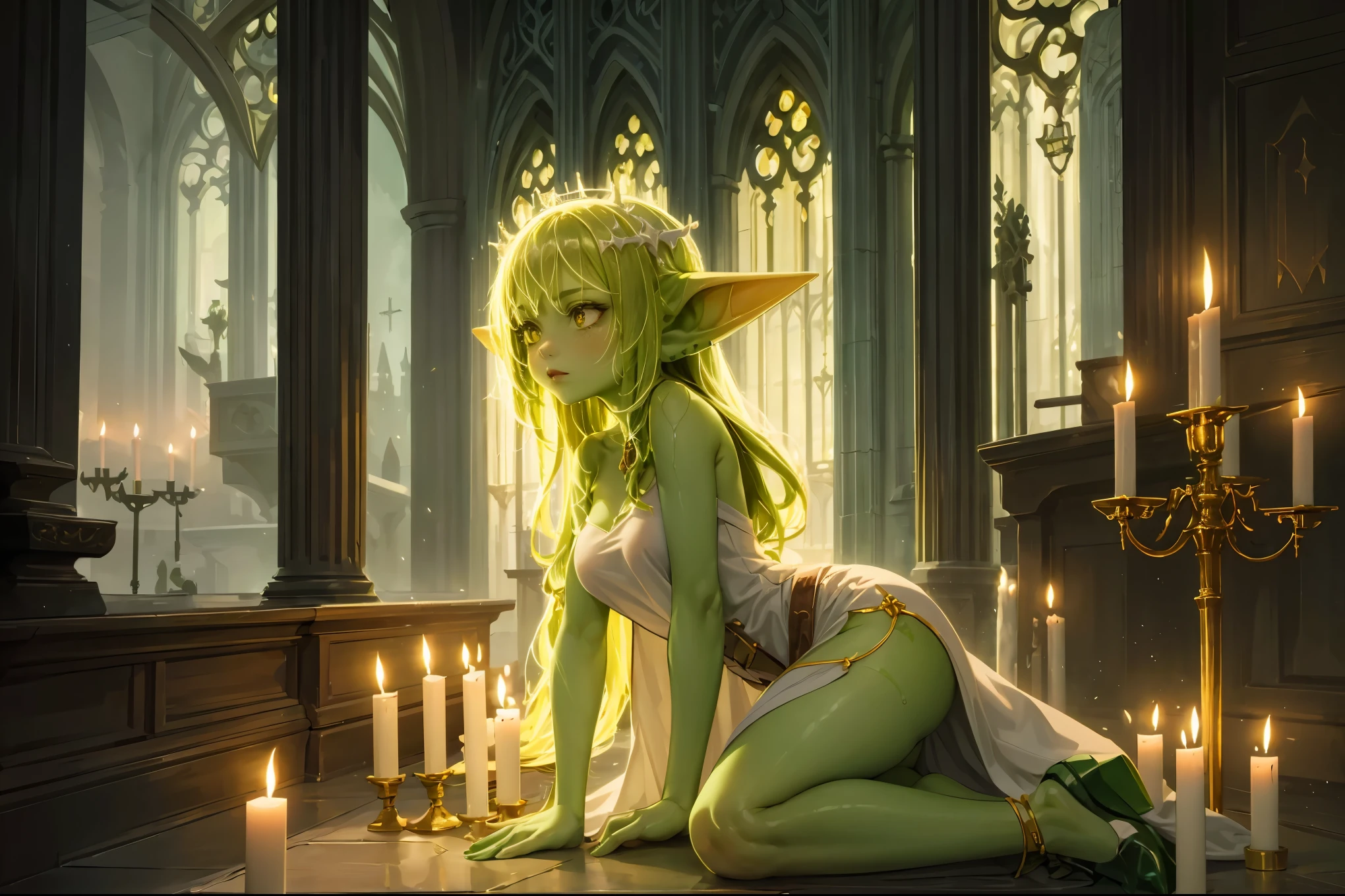 1 girl, green goblin girl, green skin, small pointy ears, priestess dressed in white, pious, lighting a candle in a gothic cathedral, candlelit, warm lighting, soft lighting, reverent, smooth skin, long luminous hair, novice, acolyte, low light, young and impressionable, eager to please