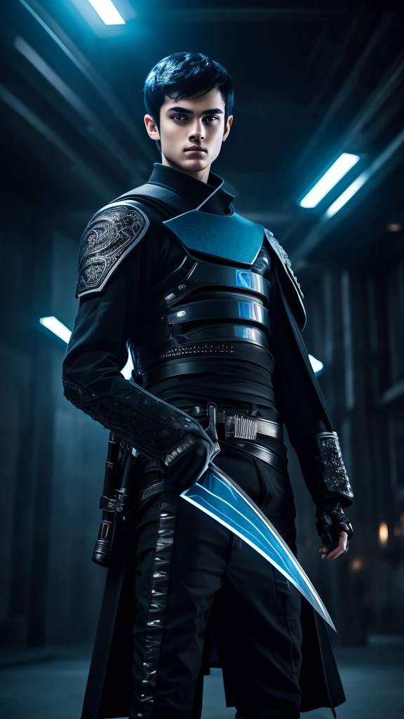 A 16 year old boy with black hair and blue eyes, wearing futuristic black clothing, holding a katana in his right hand, detailed portrait, cinematic lighting, highly detailed, intricate details, dramatic composition, photorealistic, 8k, masterpiece, hyper realistic, dark sci-fi, moody lighting, atmospheric