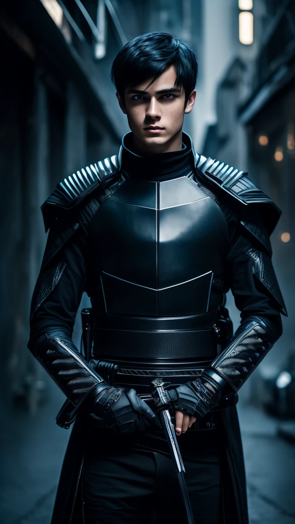 A boy with black hair and blue eyes, wearing futuristic black clothing, holding a katana in his right hand, detailed portrait, cinematic lighting, highly detailed, intricate details, dramatic composition, photorealistic, 8k, masterpiece, hyper realistic, dark sci-fi, moody lighting, atmospheric