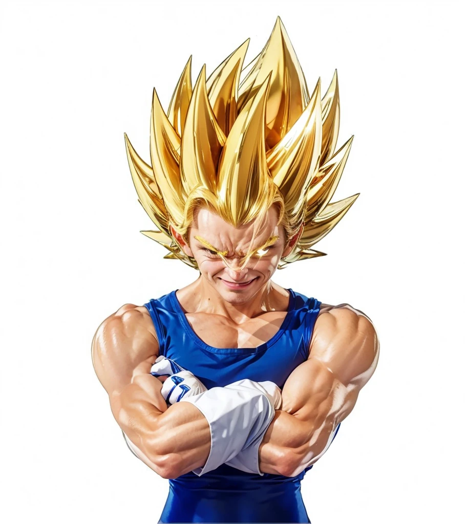 Angry man and smiling, pointy and golden hair, blue outfit and white gloves
