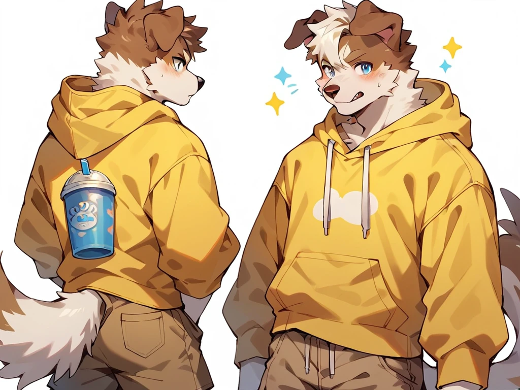 score_9, score_8_up, score_7_up, high quality, hires, anthro, male, domestic dog, white fur, brown ears, mostly white fur, blue eyes, yellow hoodie, brown shorts, white background,