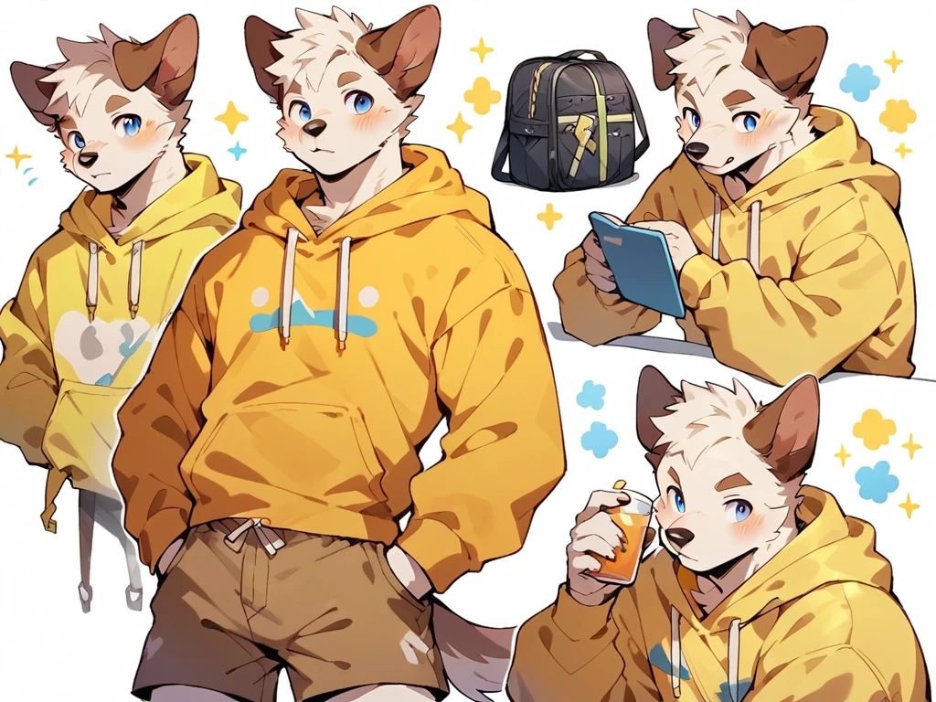 score_9, score_8_up, score_7_up, high quality, hires, anthro, male, domestic dog, white fur, brown ears, mostly white fur, blue eyes, yellow hoodie, brown shorts, white background,