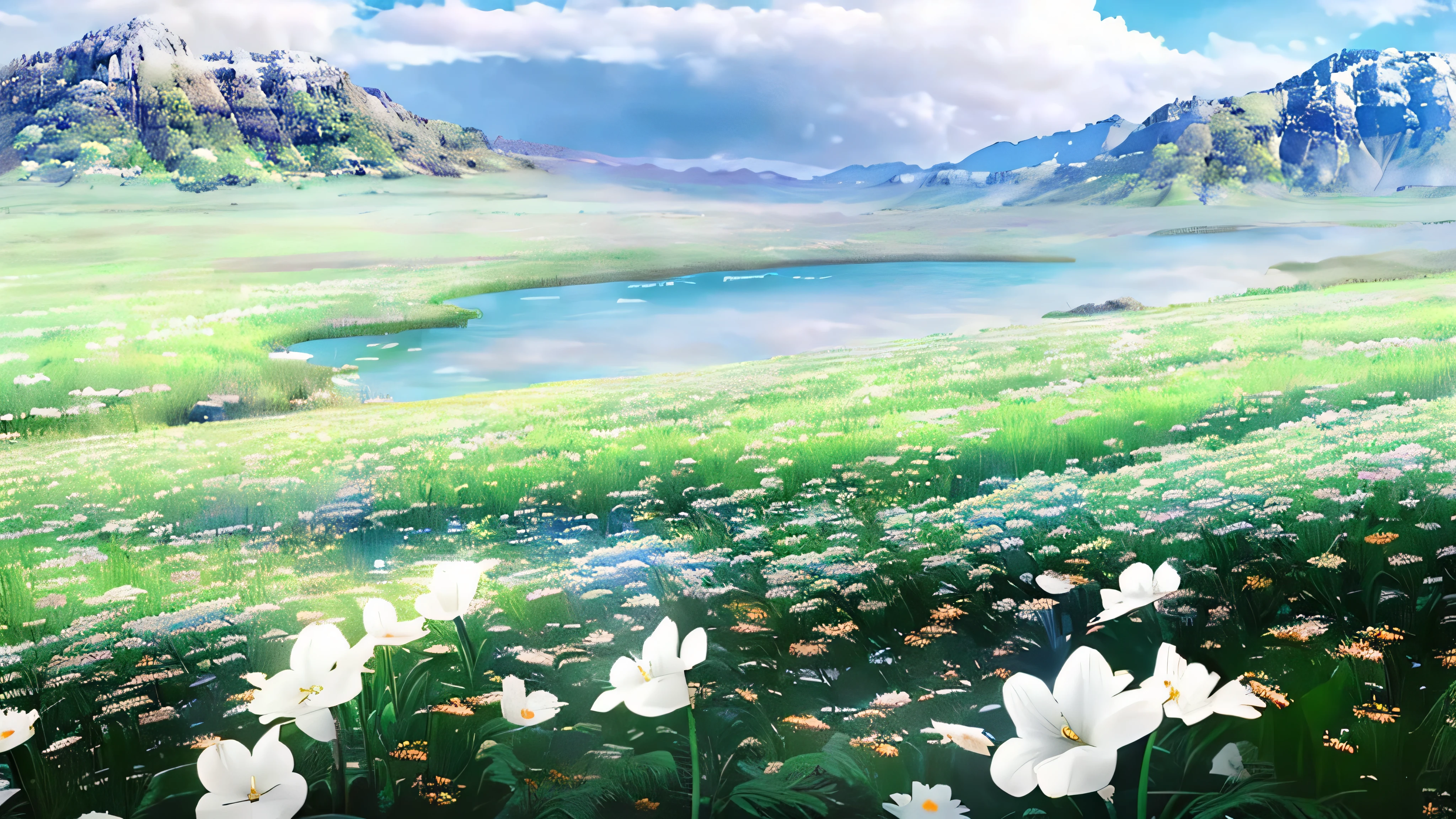 Beautiful field of flowers, anime styling, angle height, angulo olandes. clear blue sky