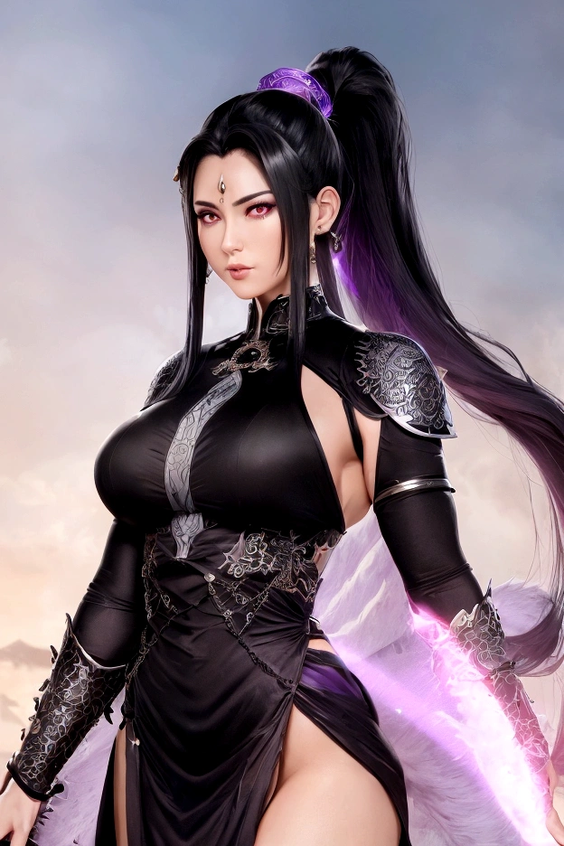 An adult tall woman, a war goddess, black hair with gray streaks, high ponytail, purple eyes, dragon horns and tail, divine light, muscular physique, light divine clothes, indifferent gaze