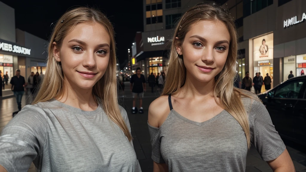 Lily Bowman), posing, modeling, with gray casual outfit design, full body, mall, in the night, sexy smile, best quality, blur night background with Green Eyes, , Ultra Realistic, Meticulously Detailed, Portrait, Blonde Hair and Big Eyes, Selfie of a Young Woman, Green Eyes, No Makeup, Natural Makeup, Looking Directly at the Camera, face artgram, subtle make-up, Impressive photo, stand, with sexy smile, Medium and large size chest, allowing the face to be seen clearly, mall, night.