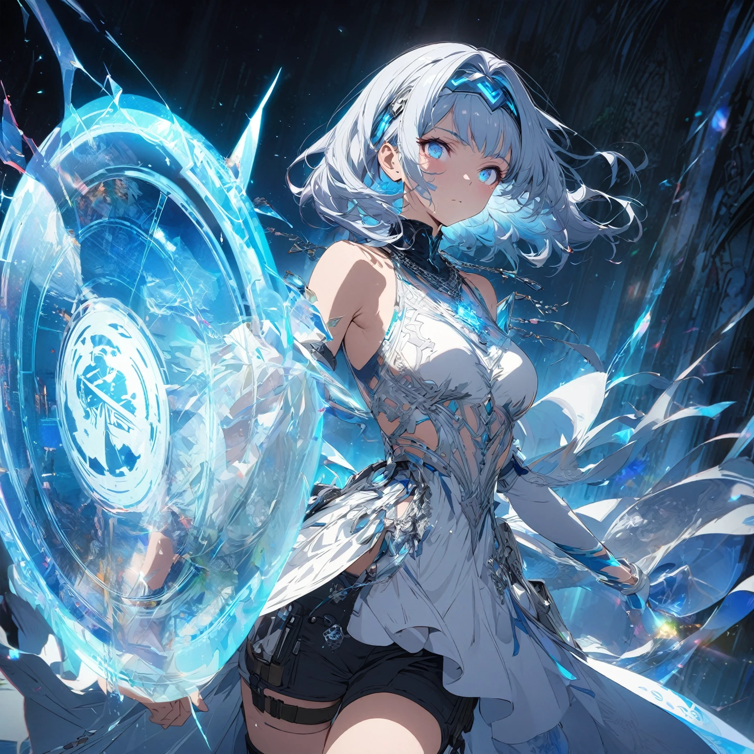 Create an image of a gentle girl with short, silvery-blue hair wearing a fitted, high-collar, long-sleeved shirt with glowing runic patterns, slim-fit cargo pants, fingerless gloves with LED strips, articulated knee guards, and sturdy, glowing-trim combat boots; she has a high-tech headband, (nude:0.8) a silver necklace with a crystal pendant, and a wrist-mounted holographic projector, and she is generating a large, translucent energy shield with intricate, glowing blue patterns, standing in a dynamic yet gentle pose with a dark, dramatic background illuminated by blue light and energy waves, detailed gorgeous face| anime style| key visual| intricate detail| highly detailed| breathtaking| vibrant| panoramic| cinematic| Carne Griffiths| Conrad Roset| gibbli 8