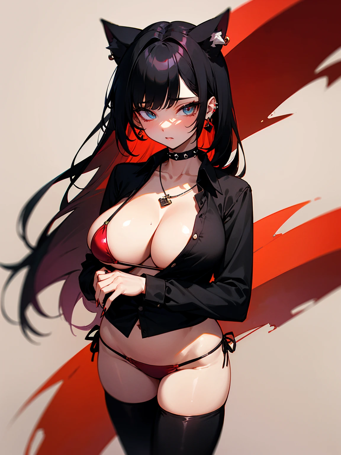 ((Long Straight Black hair)), Perfect face, Choker, Punk earrings, ((Tall)), ((High Quality)), Necklace, ((Mature)), Pretty Eyes, Sharp Nails, Bangs, ((1 Girl)), Hot, ((Multiple Earrings)), Natural Tits, 1 girl, Beautiful, Sexy, Spiky Earrings, Adult, Spiked Collar, Thin Eyelashes, Plain Background, Red Colors in Background, Lewd, Orgasmic, Horny, Dark Colors, Black Thigh Highs, Slender Body, Cat Girl, Long Tail, Large Tail, Massive Tail, Black Tail, Long Body, ((Bikini)), ((Unbuttoned Black Shirt)), Close Up, ,