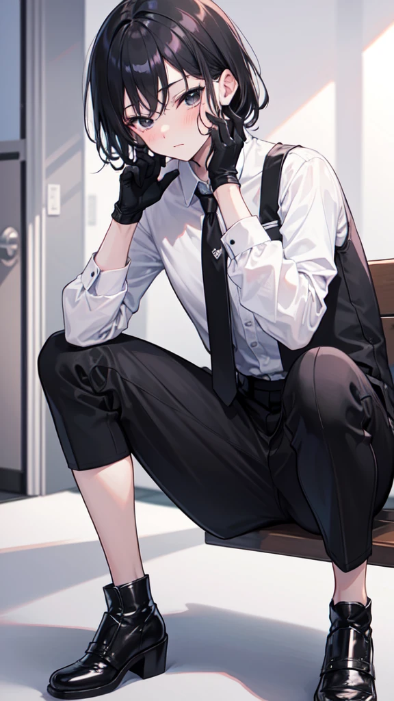 18-year-old boy,cute,Wear a white long-sleeved shirt and a black work tie,Wear black pants,Wear black booties,Wear black gloves,Black hair,Black eyes,blush,porn pose
