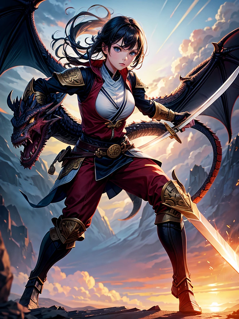 Highest quality,Highest Resolution,1People Girls,Fighting Warrior,Holding a sword,Fighting the Dragon,