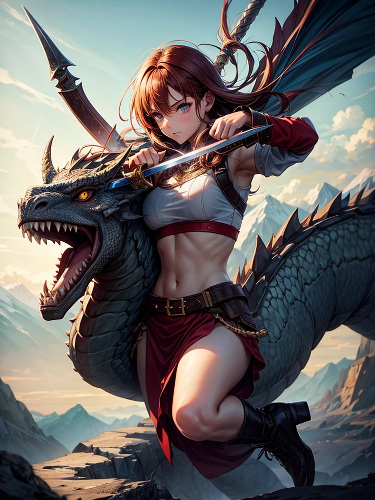 Highest quality,Highest Resolution,1People Girls,Fighting Warrior,Carrying a weapon,Fighting the Dragon,