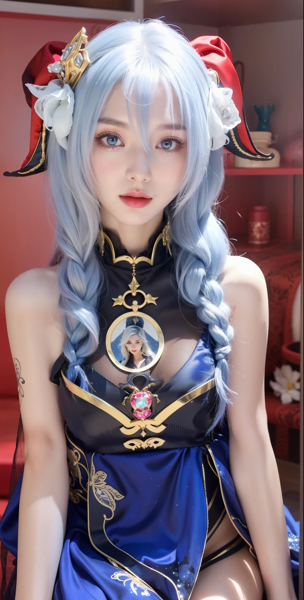 Royal sisters，Exquisite eyes，Frozen queen，Put the crown on your head，Detailed facial expressions body，tall and big，Glamorous characters，Leg length，4K，HD，The look，White translucent lace，白皙Full figure，Little cherry mouth，Beautiful and lovely，Full figure，Glossy Gel Coat，Vampire Queen in luxurious gown，Have a tattoo(Intricate tattoo designs)，Ice Princess，Rich facial details，16 Year Old Angel，Eyes are blue(Pupils as deep as the starry sky)，Gorgeous silk(Silky reflective)，Succubus，Wear dark red lipstick