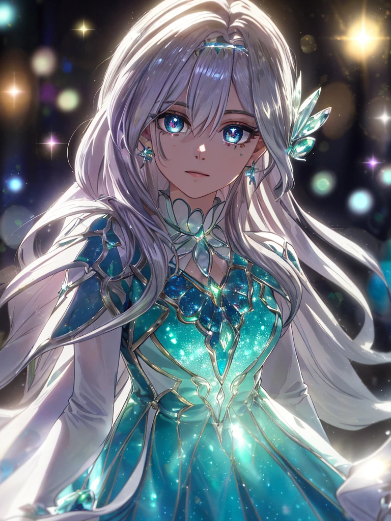 masterpiece, highest quality, figure, alexandrite eyes and hair, platinum earrings, Platinum Necklace, white dress, The Little Mermaid, cute, (dynamic lighting:1.2), cinematic lighting, delicate features, fine eyes, sharp pupils, realistic student, Depth of bounds written, Bokeh, sharp focus, (very detailed, bloom, shine:1.4), Many Small Gems