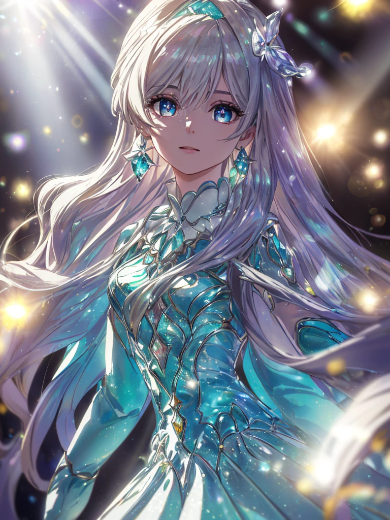 masterpiece, highest quality, figure, alexandrite eyes and hair, platinum earrings, Platinum Necklace, white dress, The Little Mermaid, cute, (dynamic lighting:1.2), cinematic lighting, delicate features, fine eyes, sharp pupils, realistic student, Depth of bounds written, Bokeh, sharp focus, (very detailed, bloom, shine:1.4), Many Small Gems