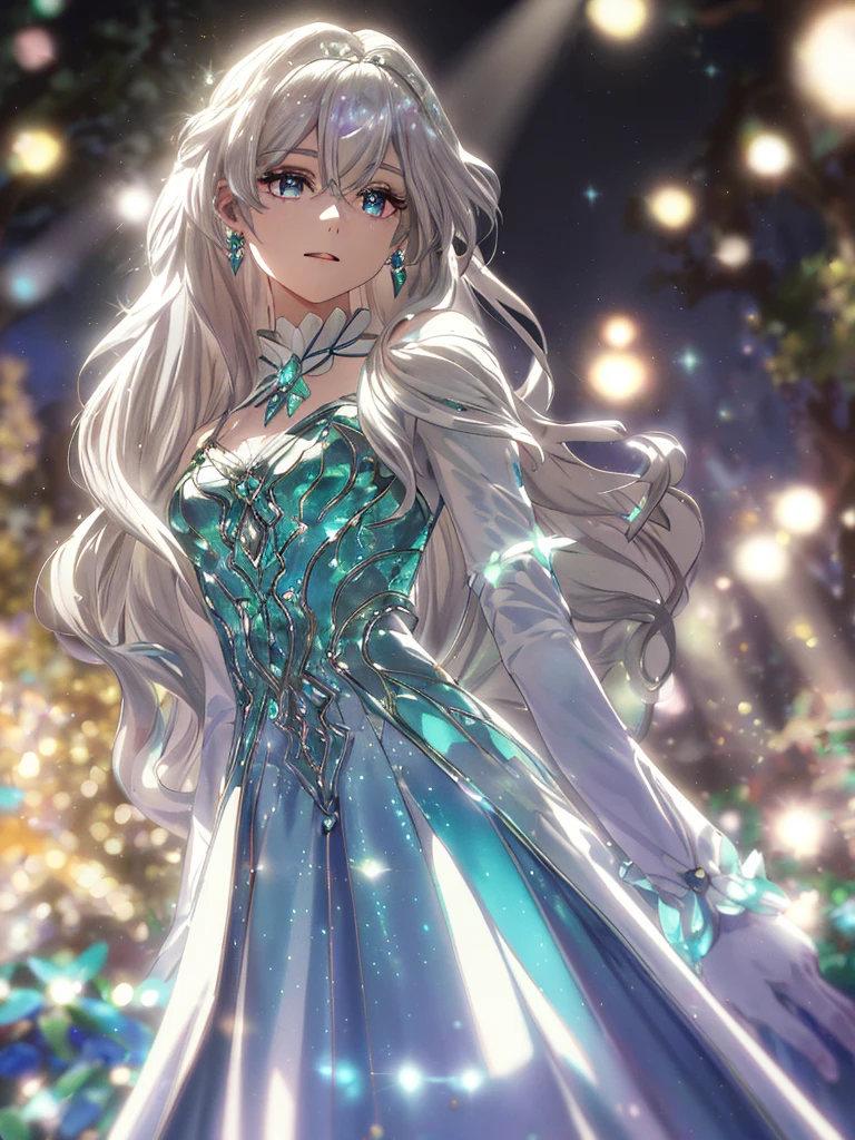 masterpiece, highest quality, figure, alexandrite eyes and hair, platinum earrings, Platinum Necklace, white dress, The Little Mermaid, cute, (dynamic lighting:1.2), cinematic lighting, delicate features, fine eyes, sharp pupils, realistic student, Depth of bounds written, Bokeh, sharp focus, (very detailed, bloom, shine:1.4), Many Small Gems