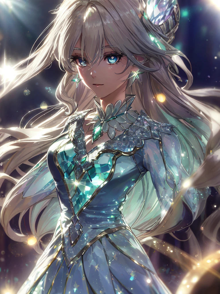 masterpiece, highest quality, figure, alexandrite eyes and hair, platinum earrings, Platinum Necklace, white dress, The Little Mermaid, cute, (dynamic lighting:1.2), cinematic lighting, delicate features, fine eyes, sharp pupils, realistic student, Depth of bounds written, Bokeh, sharp focus, (very detailed, bloom, shine:1.4), Many Small Gems