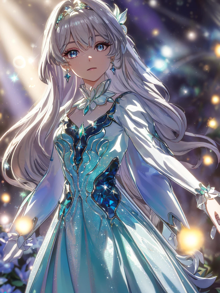 masterpiece, highest quality, figure, alexandrite eyes and hair, platinum earrings, Platinum Necklace, white dress, The Little Mermaid, cute, (dynamic lighting:1.2), cinematic lighting, delicate features, fine eyes, sharp pupils, realistic student, Depth of bounds written, Bokeh, sharp focus, (very detailed, bloom, shine:1.4), Many Small Gems