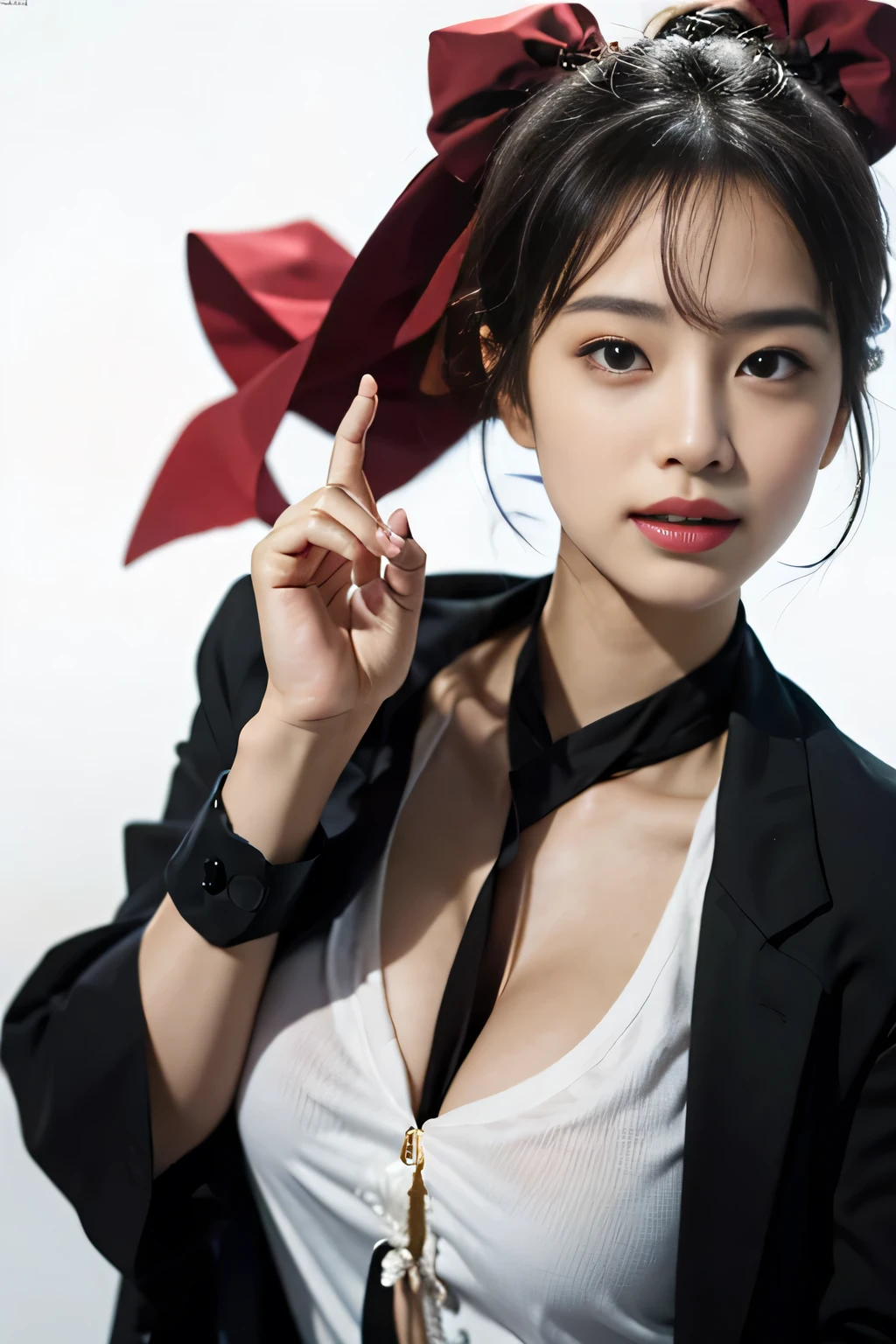 chiharu-V,{masterpiece、highest quality}、Realistic、(Ultra-realistic), (Awareness-raising), (High resolution), {(8k)},{16k}, (Very close), (The best Awareness-raisingns), , (highest quality), (Become super close), (masterpiece), (wallpaper),
break, ,{{Upper body close-up}},,,alone,{{wearing an open silk shirt:1.5}}become close,、The ultimate beautiful girl::、{|Thin white teeth},(beautiful and become close eyes:Double Eyes),{{Plump face}},(become closeしい顔),,{Perfect Teeth},{Holding the hand of peace},{{White Background}}