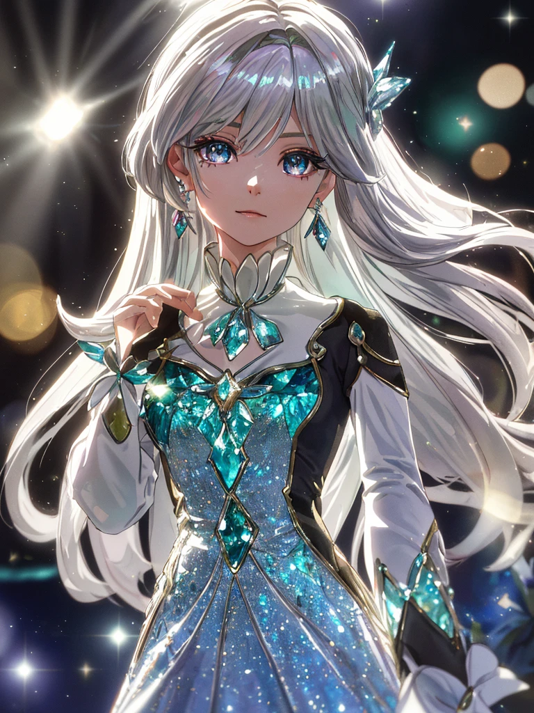 masterpiece, highest quality, figure, alexandrite eyes and hair, platinum earrings, Platinum Necklace, white dress, The Little Mermaid, cute, (dynamic lighting:1.2), cinematic lighting, delicate features, fine eyes, sharp pupils, realistic student, Depth of bounds written, Bokeh, sharp focus, (very detailed, bloom, shine:1.4), Many Small Gems