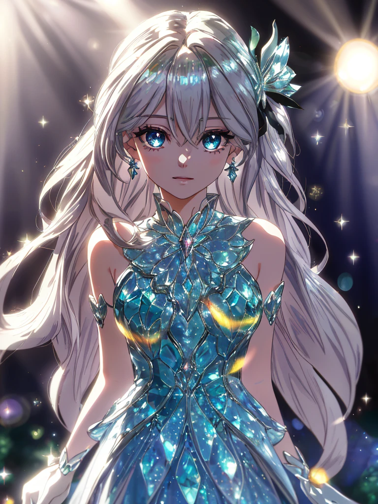 masterpiece, highest quality, figure, alexandrite eyes and hair, platinum earrings, Platinum Necklace, white dress, The Little Mermaid, cute, (dynamic lighting:1.2), cinematic lighting, delicate features, fine eyes, sharp pupils, realistic student, Depth of bounds written, Bokeh, sharp focus, (very detailed, bloom, shine:1.4), Many Small Gems