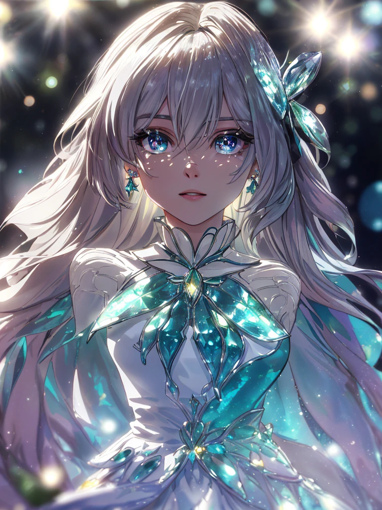 masterpiece, highest quality, figure, alexandrite eyes and hair, platinum earrings, Platinum Necklace, white dress, The Little Mermaid, cute, (dynamic lighting:1.2), cinematic lighting, delicate features, fine eyes, sharp pupils, realistic student, Depth of bounds written, Bokeh, sharp focus, (very detailed, bloom, shine:1.4), Many Small Gems