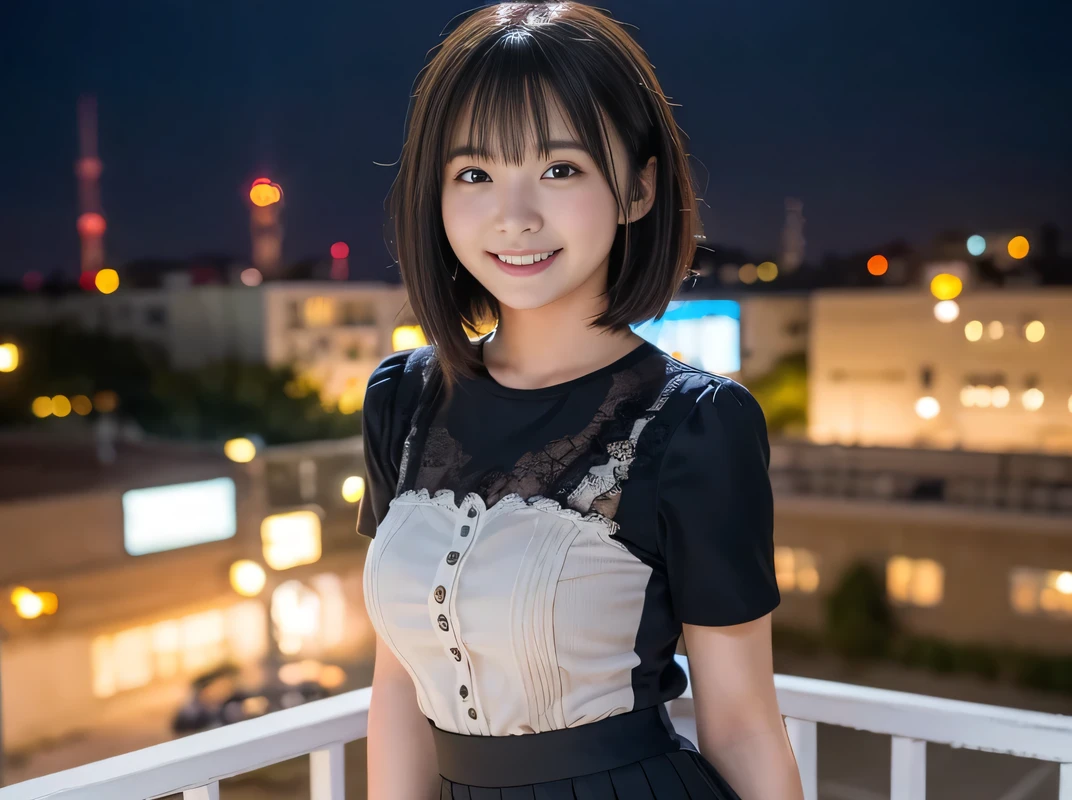 (Highest quality, masterpiece, Ultra-high resolution, 8K, RAW Photos, Realistic, Anatomically correct:1.5), high school girl、20-year-old girl:1.2, Embarrassing, avert your eyes, blush:1.0, View Viewer, ((Cyber Factory)) 、Night view、 Light:1.2, Bokeh, Cinema Lighting:1.0, Depth of written boundary, sharp、 Cute face、Idol、Black short sleeve lace top、Black pleated skirt、Black clothing、”dwarf”、Full Body Shot、Cowboy Shot、(( smile))、(Ultra short hair)、(Medium Hair)、(Straight bangs)、((One woman))、