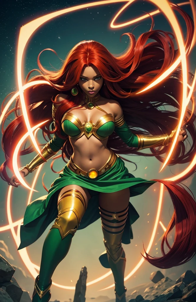 The character Starfire, red hair, perfect costume, gold skin, bright green eyes, smooth curves, beautiful girl 