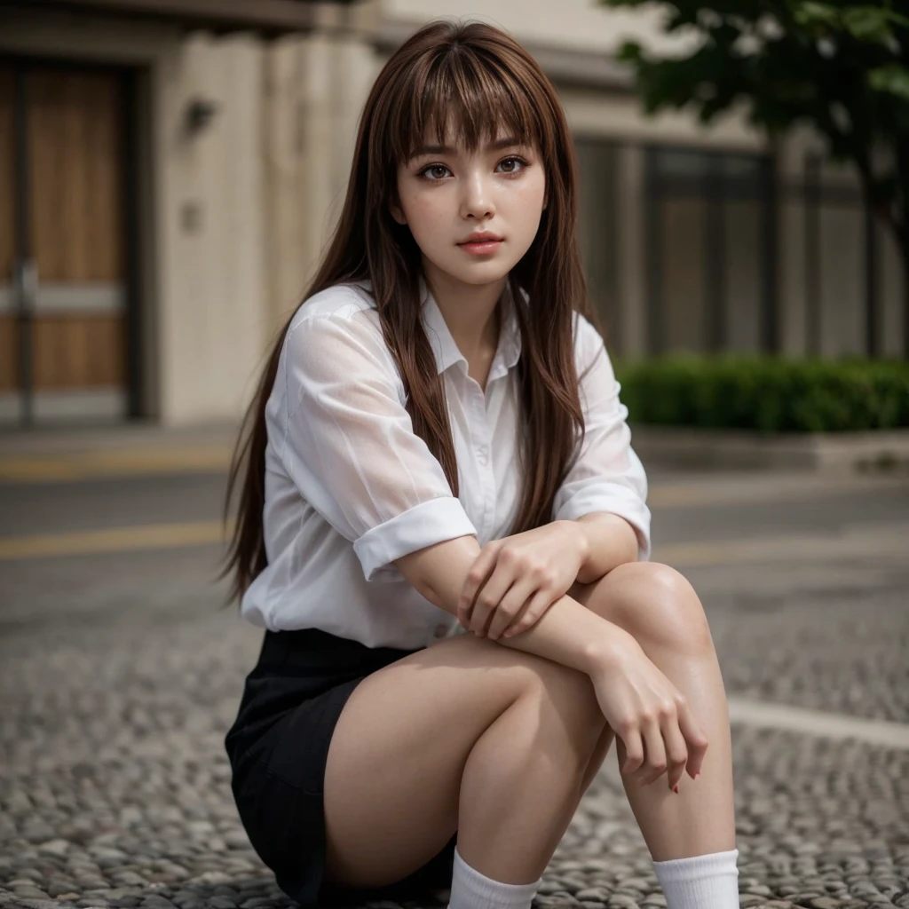 Kasumi, brown eyes, (best quality, ultra-detailed), (realistic:1.37), beautiful and detailed face, ultra-realistic texture, delicate face, delicate body, red lipstick, bright colors. High definition, 8K.