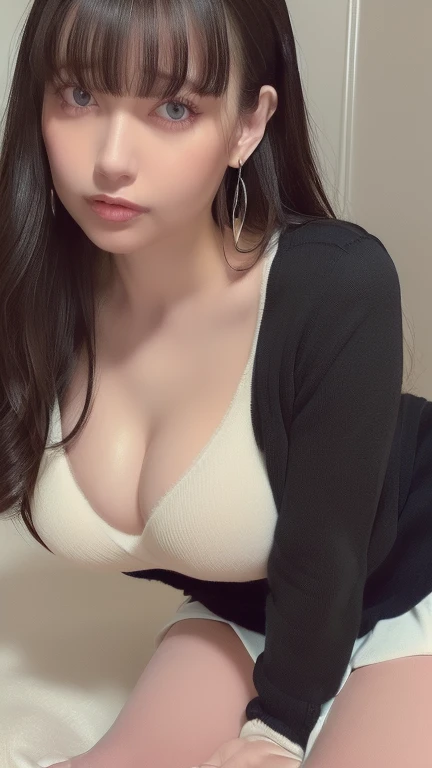 ((On the bed, 1 woman, single, alone, beautiful woman、(Angle to see the whole body)、 ((medium wavy hair, Bangs, brown hair)), ((blue eyes, beautiful eyelashes, actual eyes)), ((Detailed face, blush:1.2)), ((smooth texture:0.75, actual texture:0.65, actual:1.1,, Large Breasts、Dynamic angle, Perfect body 、Exposed breasts、V-neck sweater、Black and white flared skirt、stockings、earrings、Looking from the bottom up、pain、Sexy body woman、Areola、Cleavage、sexy，