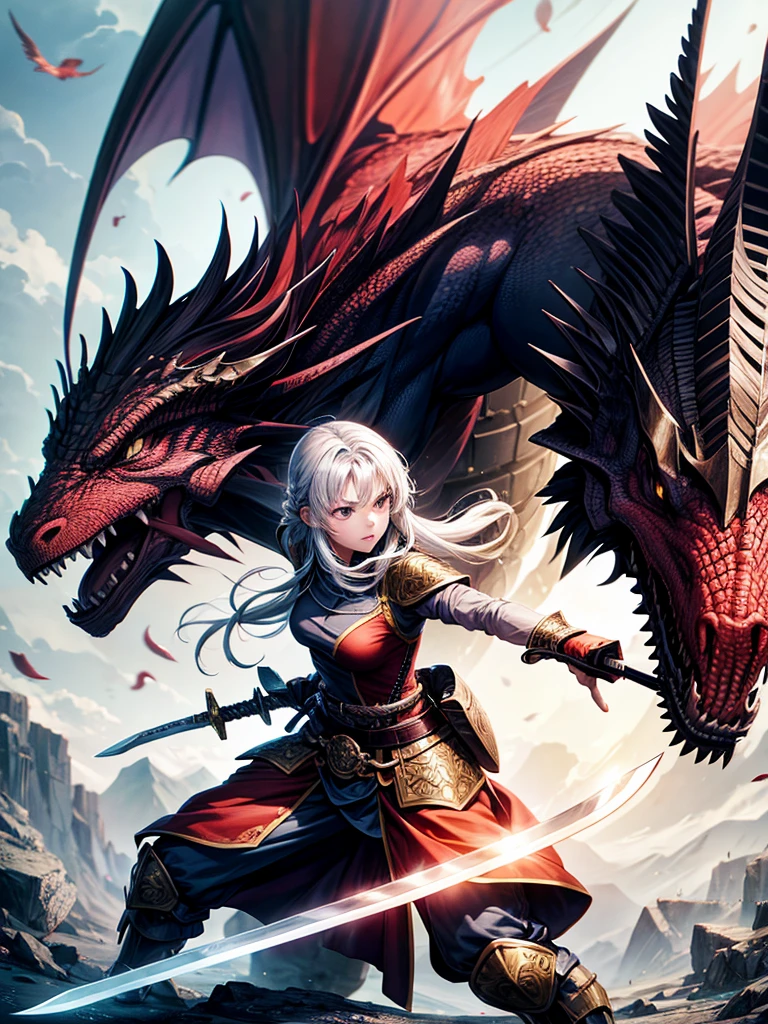 Highest quality,Highest Resolution,1People Girls,Fighting Warrior,Holding a sword,Fighting the Dragon,