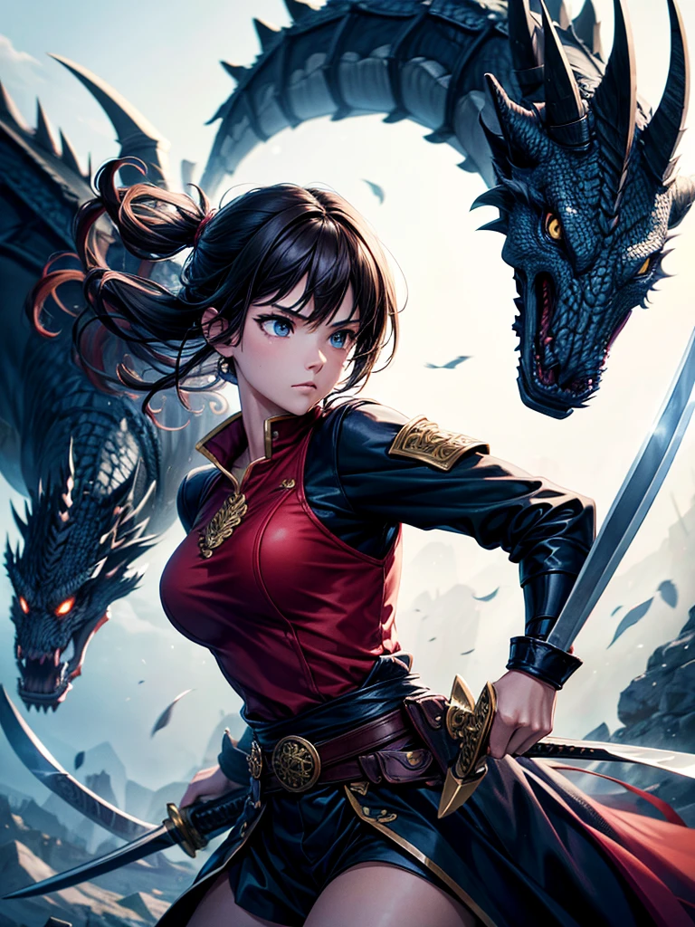 Highest quality,Highest Resolution,１People Girls,Fighting Warrior,Holding a sword,Fighting the Dragon,