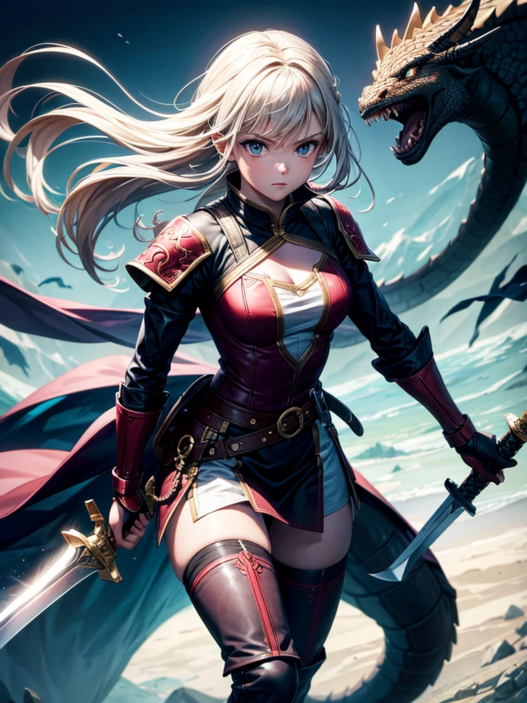 Highest quality,Highest Resolution,1People Girls,Fighting Warrior,Holding a sword,Fighting the Dragon,