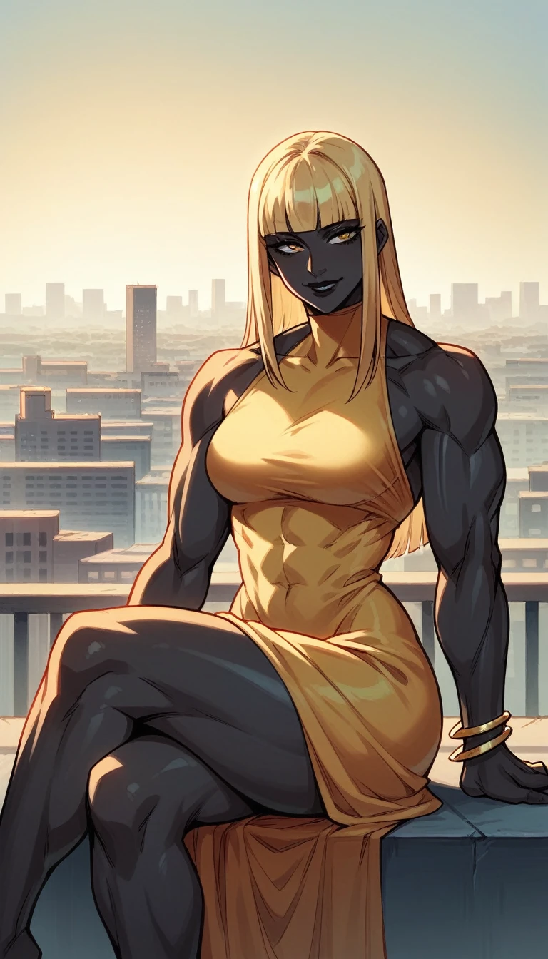 black buff strong woman character, muscle arms, muscle body, buff body, tall woman, black skin, full black skin, strong arms, long fringe hair, blonde hair, blonde fringe hair, fringe hair, scales in body, black lips, milf, black and golden dress, golden details, golden bracelets, smile, sit, crossed legs, morning, city, golden chocker, small breasts