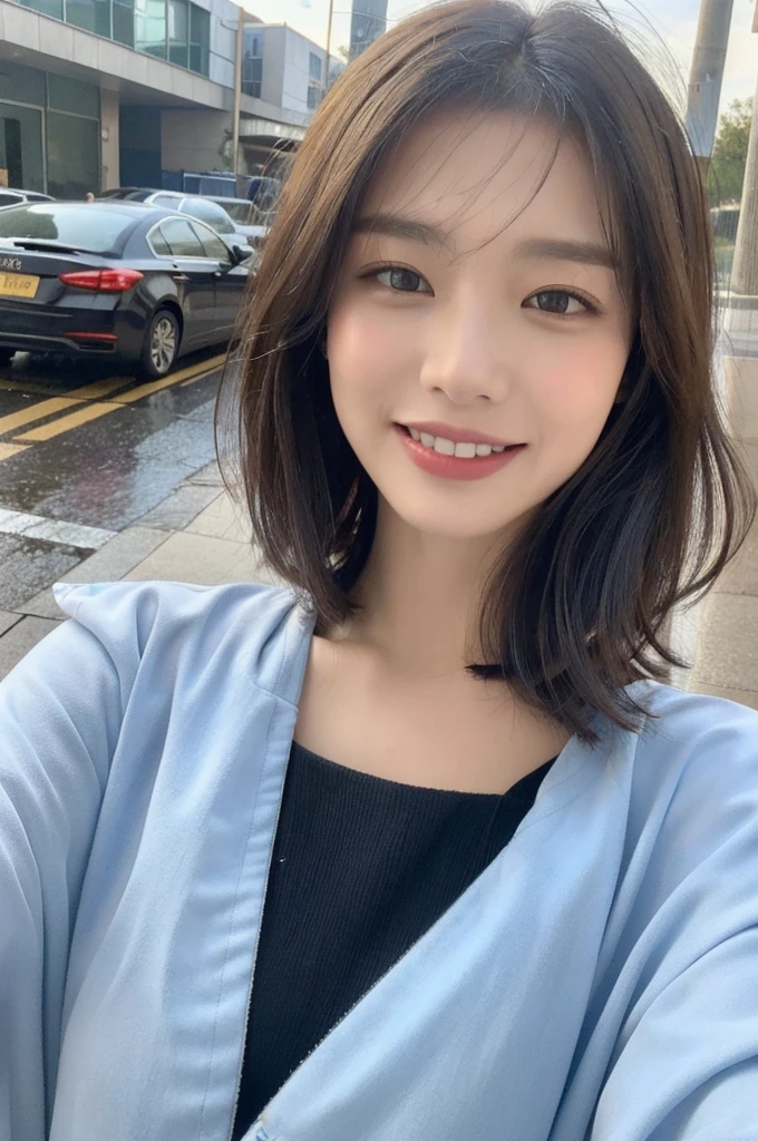 ((Best Quality, 8K, Masterpiece:1.3)), Focus: 1.2, Perfect Body Beauty: 1.4, Buttocks: 1.2, ((Layered Haircut, Breasts: 1.2)), (Wet Clothes: 1.1), (Rain, Street:1.3), Bandeau Dress: 1.1, Highly Detailed Face and Skin Texture, Fine Eyes, Double Eyelids, Whitening Skin, Long Hair, (Shut Up: 1.3), Smile