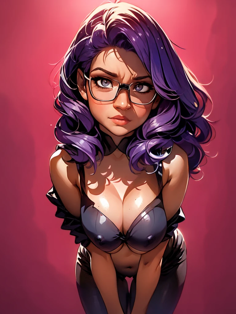 Anime girl with purple hair and glasses, tits and no clothes, 1girl, grey eyes, ((one_color_background)), anatomically correct, accurate,  perfect hands