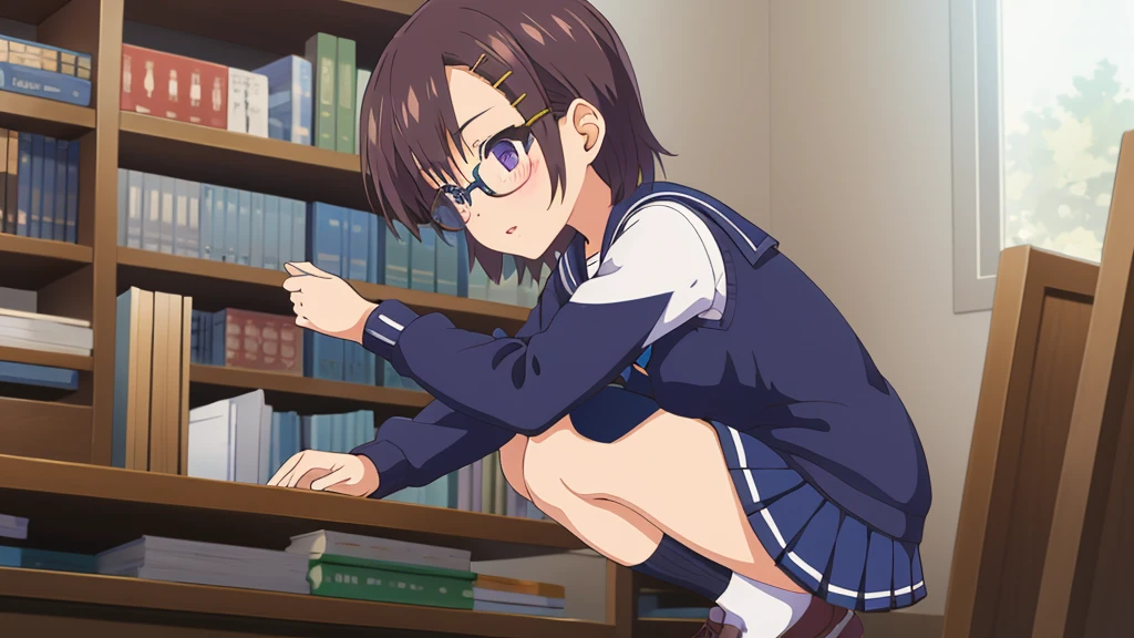 Elementary school girl 8-year-old Flat Chest Black Hair Long Hair Purple eyes 1 person Glasses Short-sleeved sailor suit Navy blue mini skirt White panties White socks sneakers School Library Crouching Dynamic Angle Low Angle