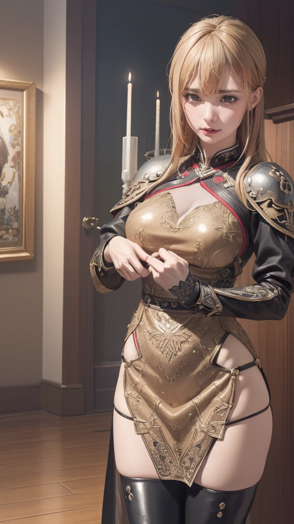 looking back,(fighting pose),(leather boots,(asymmetrical armor),(long embroidered cute dress,see through,lift up the hem of the dress)),(random hairstyle),(Thin type:1.5),(large breasts),(Highest image quality,(8K), Ultra-realistic, Best Quality, High quality, High Definition, high quality texture, high detailing, Beautiful detailed, fine detailed, extremely details CG, Detailed texture, realistic representation of face, masterpiece, presence)