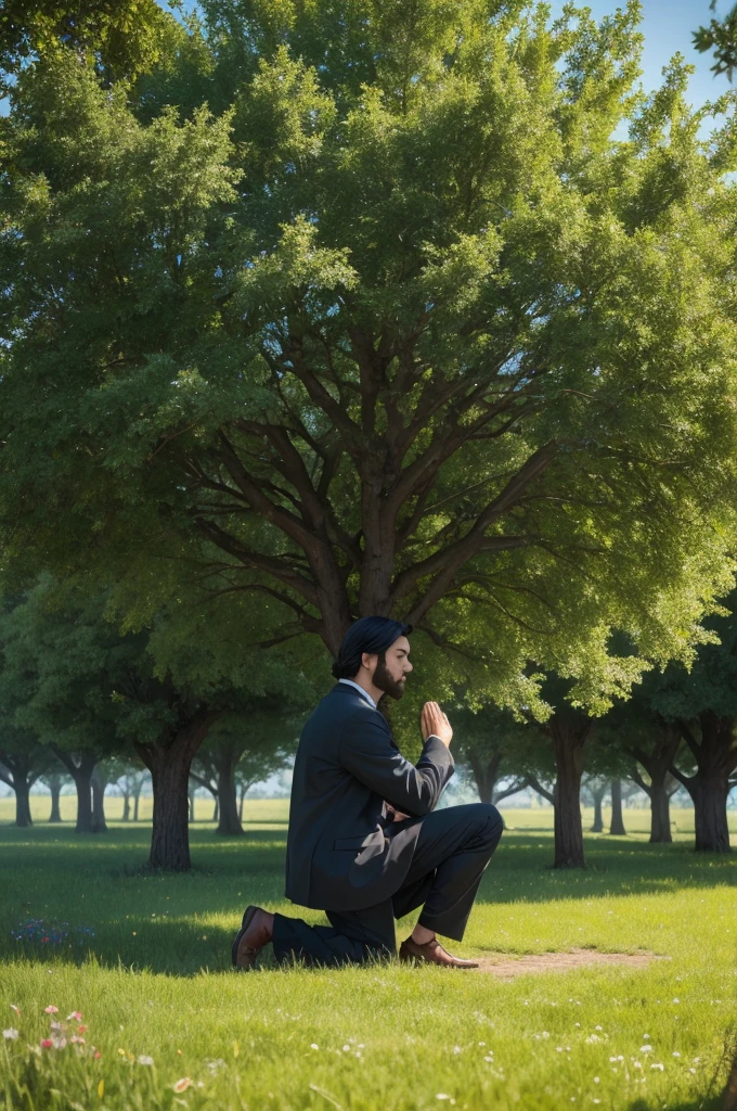 black hair, "A man kneeling under a large tree, with hands raised in prayer. He is thanking God for another day of life. The expression on his face is one of gratitude and peace.. The tree offers a welcoming shade, and the scene is lit by a soft early morning light. ao redor, there is a natural and serene environment, with green grass and wildflowers.", Surrealism, 8K, super detail
