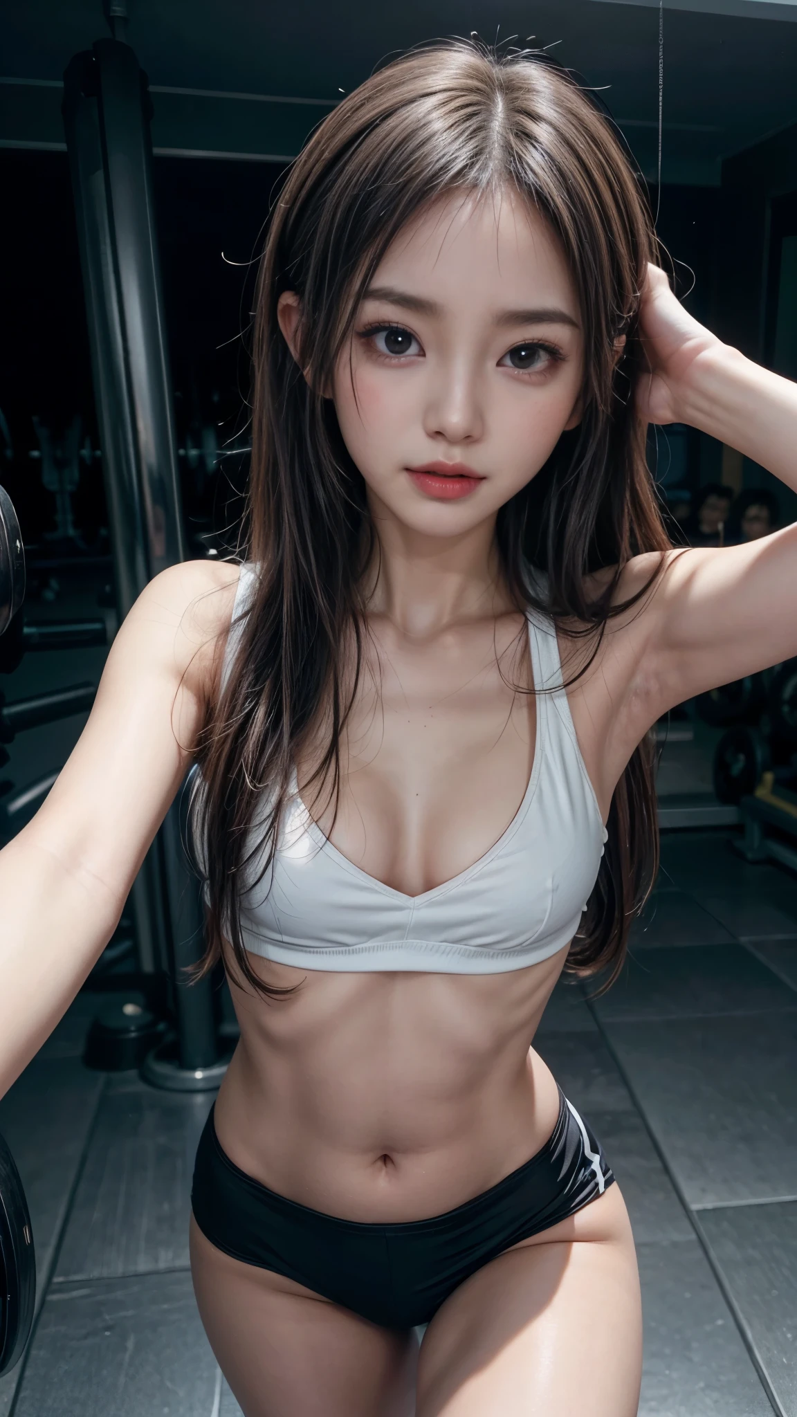 ((Super cute girl exercises at the gym)), ((Bust Top)), Outstanding proportions, From above, ((Small breasts:1.3)), Smooth body, Small and slender figure, ((Detailed eyes and face, Baby Face, Idol Face, Professional photography techniques)), (Perfect Anatomy), ((blush)), (Highest quality, 8K, masterpiece:1.2, RAW Photos), ((A seductive and sexy look:1.3)), sense of openness, Ultra-detailed