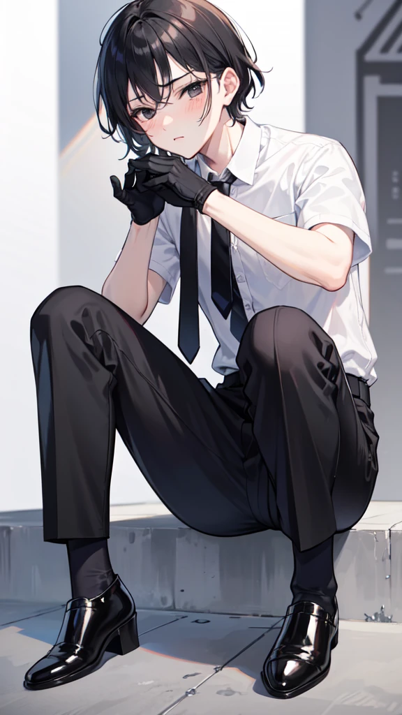 18-year-old boy,cute,Wear a white short-sleeved shirt and a black work tie,Wear black pants,Wear black booties,Wear black gloves,Black hair,Black eyes,blush,porn pose