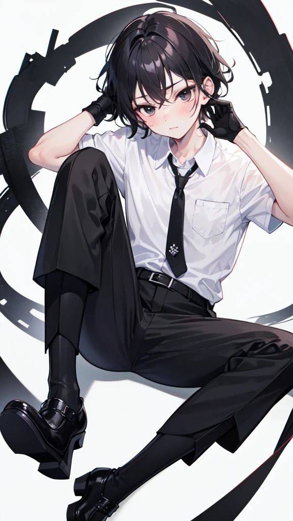 18-year-old boy,cute,Wear a white short-sleeved shirt and a black work tie,Wear black pants,Wear black booties,Wear black gloves,Black hair,Black eyes,blush,porn pose