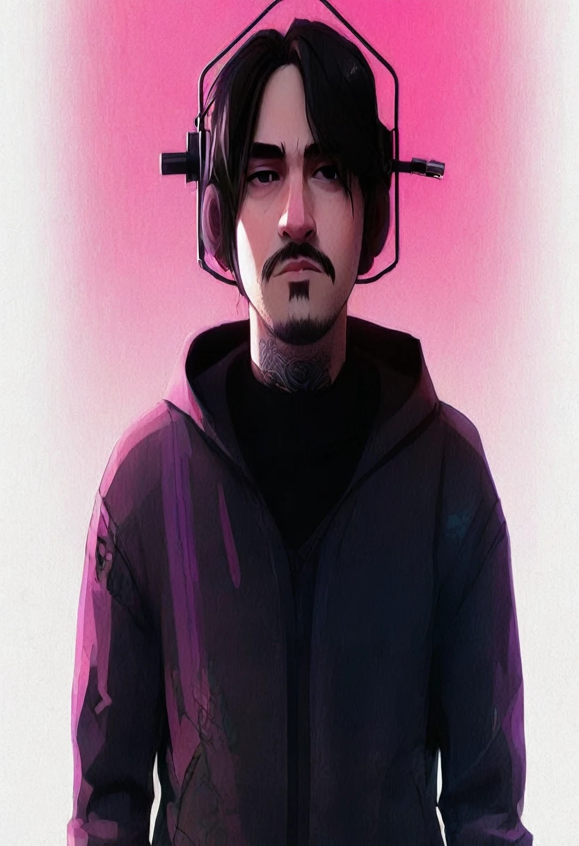 There is a man with a headset on his head, portrait of a cyberpunk man, cyberpunk art style, synthesized wave art style ]!!, cyberpunk type, darksynth character portrait, in cyberpunk style, synthesized wave art style, digital art style, [ synthesized wave art style ]!! ]!!, synthesized wave art, portrait of lofi, [ synthesized wave art style ]!!