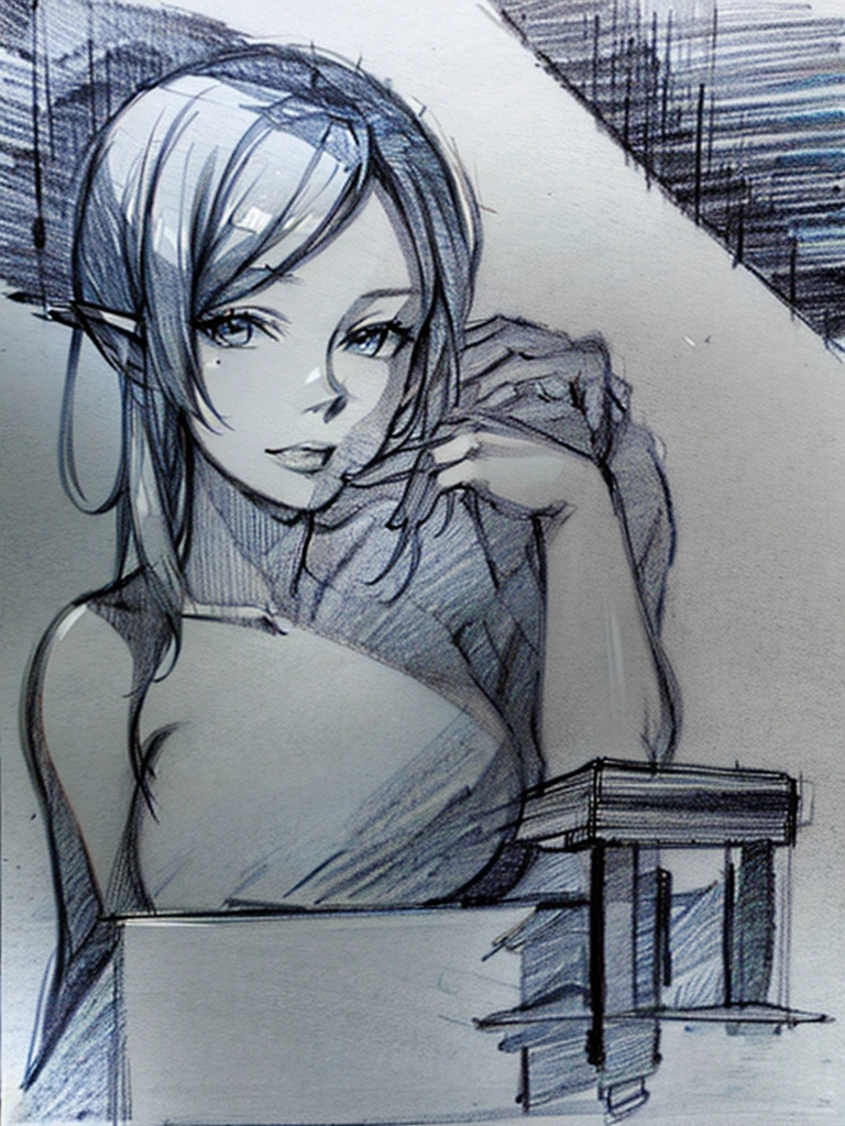 (blue pencil sketch:1.4), blue color, drawning, busty elf