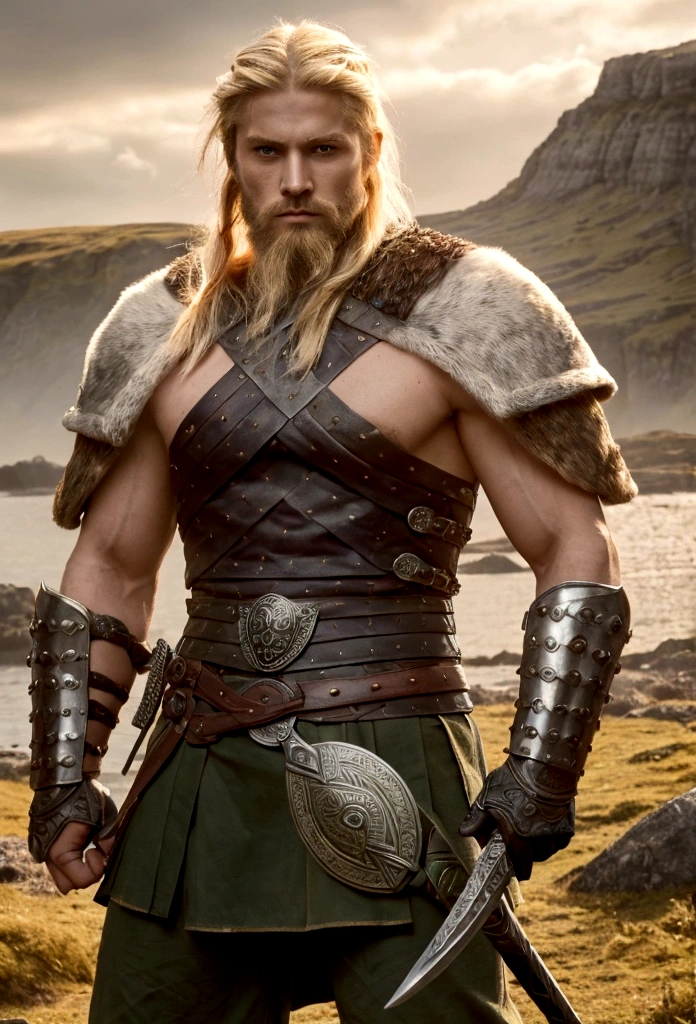 A fierce 26 year old Viking warrior man, greeneyes, Short blonde hair, barba loira longa. Strong muscles, dressed in Viking armor and wielding a formidable weapon, Showing your warrior spirit. Make sure your backdrop reflects the rugged beauty of a Viking landscape, glowing light eyes, HD, 8K