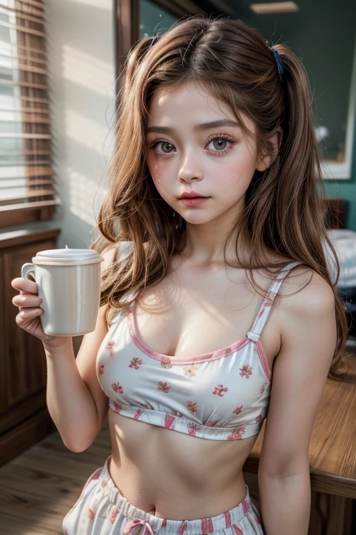 girl holding a cup of coffee in her hand, Pretty girl, cute and fine face, beautiful-fine-face, Karol Sevilla, young and cute face, beautiful girl face, brown hair and big eyes, pretty pretty girl, beauty, small breasts, visible breasts, vagina visible, wearing two-piece pajamas, crop top