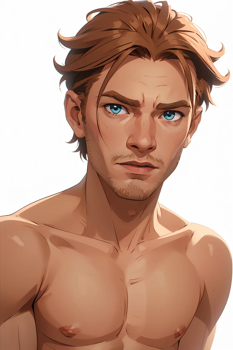 Young Ewan McGregor, 1male, 4k, highly detailed, intense eyes, cheery, ((short hair)), (upper body portrait), ((nude)), plain white background, flat lighting