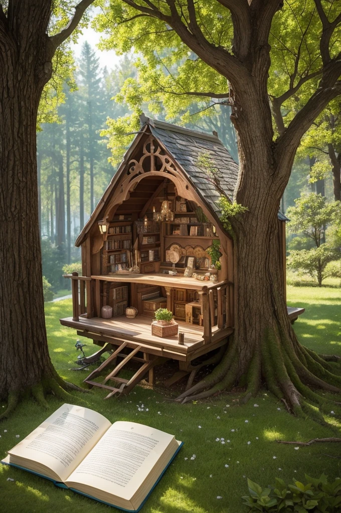 A tree with fairy tale characters on open books like glasses