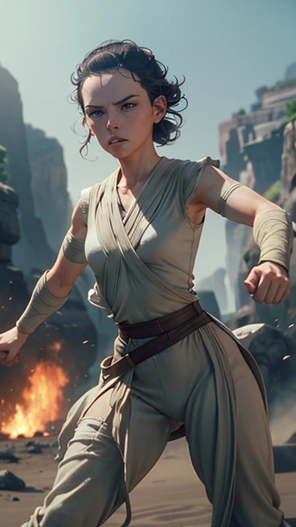 Daisy Ridley face, masterpiece 1.3, Ultrarealistic face, slim athletic physique, small flat breasts, round ass, "With a look of intense focus, Rey holds out her hand, projecting a powerful Force push that sends enemies flying back, her stance strong and unyielding."