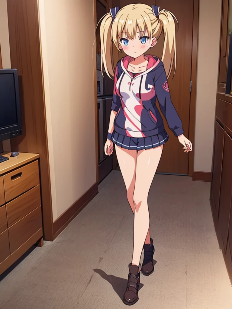 Girl long white hair blue eyes blush on face in PC gaming room Short pleated skirt long stockings cat hoodie great quality 8k very detailed image perfect anatomy full body nsfw